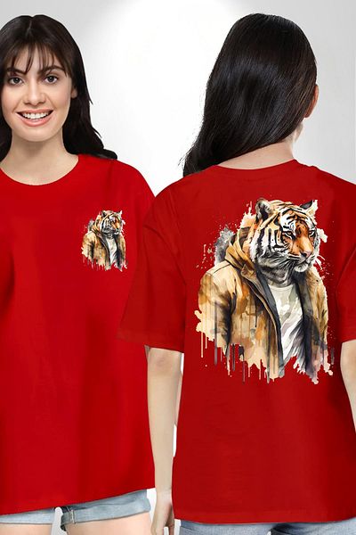 Soufeel Cool Tiger with Leather Jacket Women Men Front Minimal Back Printed Red Cotton T-Shirt