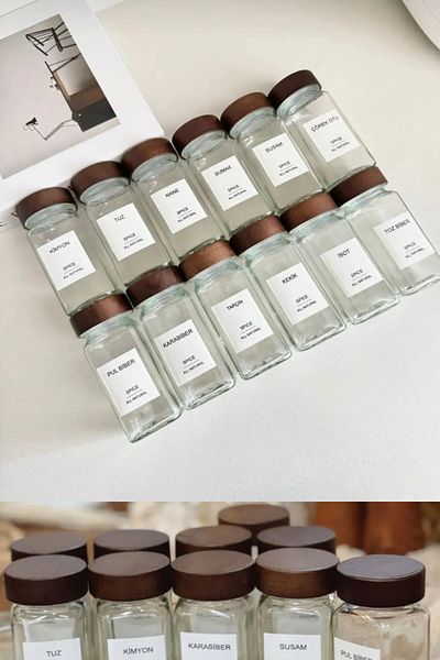 Dijiteks Acacia Lid Square Form Set of 12 Glass Spice Jars 120 ml / 16 Tags Gift