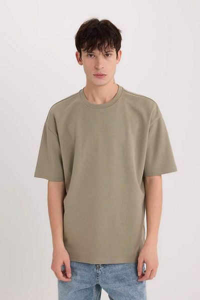 DeFacto Oversize Wide Fit Crew λαιμόκοψη κοντό μανίκι Basic μονόχρωμο βαρύ υφασμάτινο μπλουζάκι γυαλιστερό χακί
