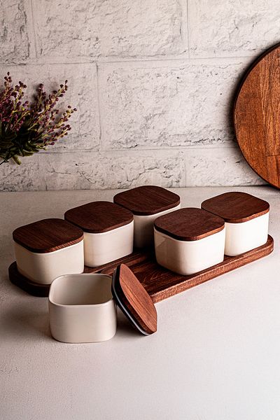 Snippy Luma White - Wooden Vacuum Lid Ceramic Breakfast Bowl Snack Bowl with 8 Piece Tray 300 ml
