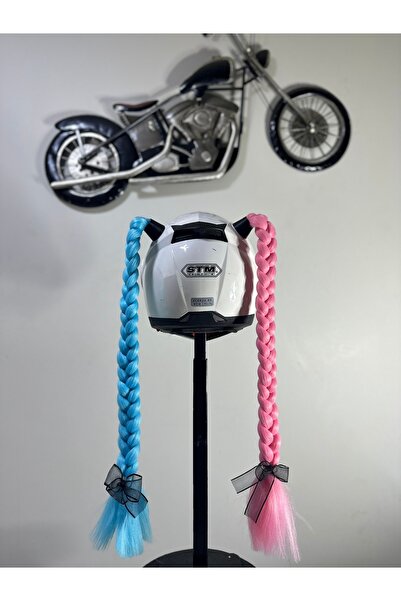 Butik Motor & Motosiklet Harley Quinn Pembe Mavi Çift Örgü Saç Kask Dış Aksesuarı