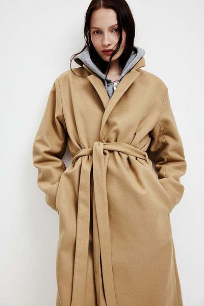 H&M Brushed-finish tie-belt coat