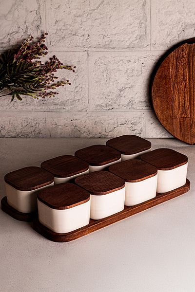 Snippy Luma White - Wooden Vacuum Lid Ceramic Breakfast Bowl Snack Bowl with 10 Piece Tray 300 ml