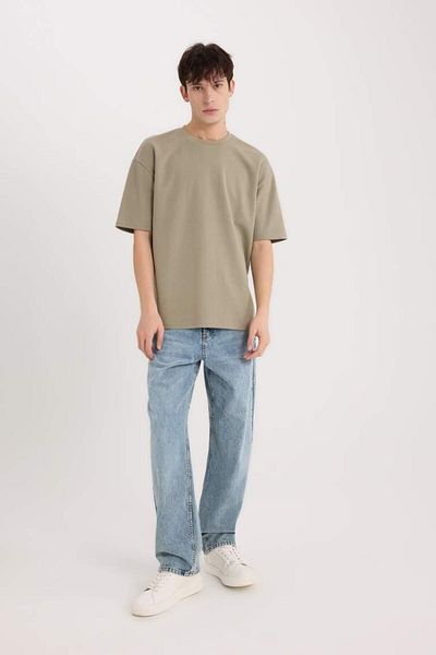 DeFacto Oversize Wide Fit Crew λαιμόκοψη κοντό μανίκι Basic μονόχρωμο βαρύ υφασμάτινο μπλουζάκι γυαλιστερό χακί