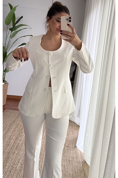 Daves Round Neck Jacket Pants Set-White