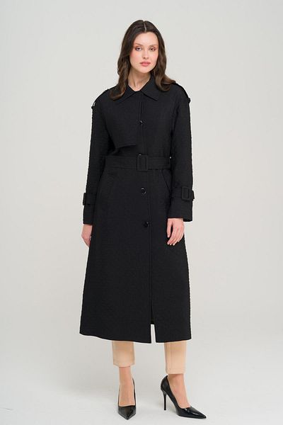 Olcay Lightweight Trench Coat with Cape and Epaulet Detail Quilted Pattern Black 6693