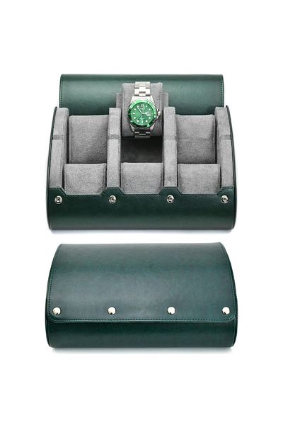 Choice 6 Slot Green Gray Watch Travel Case ,6 Slot Watch Roll Travel Case Organizer Display - PU Leather Wa