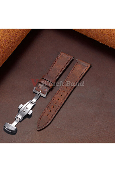 Choice سوار ساعة من الجلد البني الداكن مقاس 24 مم مع مشبك فراشة وخياطة من جلد...