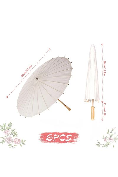 Choice 6PCS-60cm 60/84cm Wedding Paper Umbrellas Chinese Wooden handle White DIY Rustic Photography Props