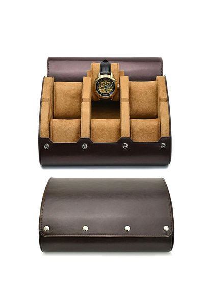 Choice 6 Slot Coffee Brown Watch Travel Case ,6 Slot Watch Roll Travel Case Organizer Display - PU Leather