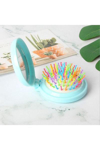 Choice Light Blue Mini Portable Folding Pocket Mirror Hair Comb Round Hair Brush Women Massage Comb