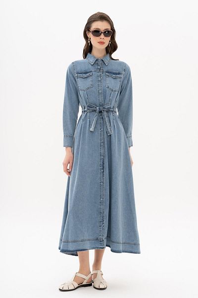 Olcay Rochie lungă din denim evazată cu detaliu cuțit ALBASTRU 9323-E