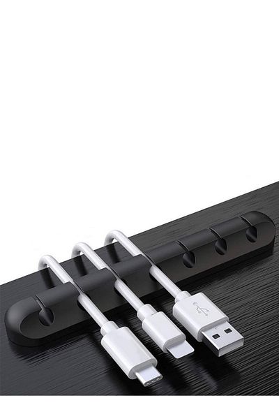 Choice منظم كابلات USB من السيليكون الأسود مزود بـ 7 منافذ، لفاف الكابل، مشابك إدارة سطح المكتب، حامل الكابلات