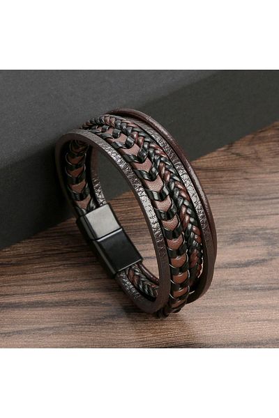 Choice 21CM BROWN Fashion Jewelry Men's Multi -Layer Leather Rope Woven Bracelet Leather Rope Bracelet Magn