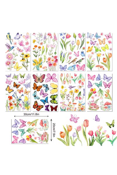 Choice 20X30CM DM009-8pcs 8 Sheets Spring Cartoon Butterfly Tulip Floral Party Decorations Window Static St