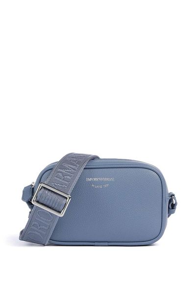 Emporio Armani Women's Leather Single Zipper Closure Strap Brand Text Patterned Blue-Grey Shoulder Bag Ew 000537   Af12036-M8128