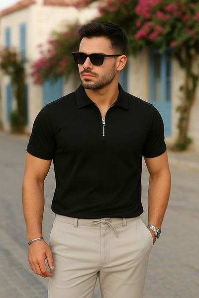 MOKA Ανδρική μπλούζα με κοντομάνικο γιακά μπροστά με φερμουάρ βισκόζης με δύο κλωστές