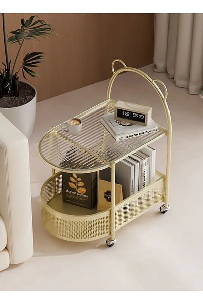 sharpdo Light Luxury Cream Style Sofa Side Table with Movable Trolley Shelf