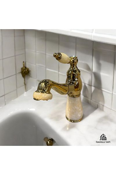 İSAOĞLU YAPI Gold Basin - Honey Wax with Mixer, Marble Design and Extendable Armature Faucet