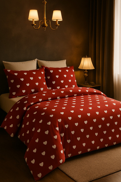 GARDEN ROOM Çift Kişilik Kalpli LEYLA Kırmızı Kombin Nevresim Takımı - Lastik...