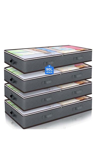 COOYA 4-Pack Under Bed Storage Boxes, With Clear Window and Reinforced Handles, For Blankets, Quilts