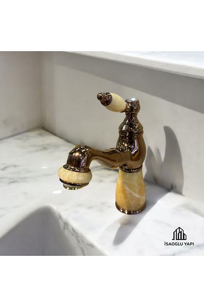 İSAOĞLU YAPI Copper Sink Faucet Bronze Honey Wax Detailed Marble Design Spiral Extendable Armature
