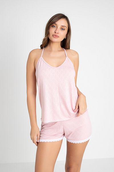 DONEX Lace Detailed Jacquard Rope Strap Shorts Pajamas Set