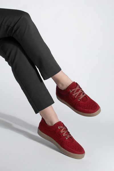 Marjin Women's Sneaker Embroidered Embroidered Colorful Lace-Up Sports Shoes Valgin Claret Red