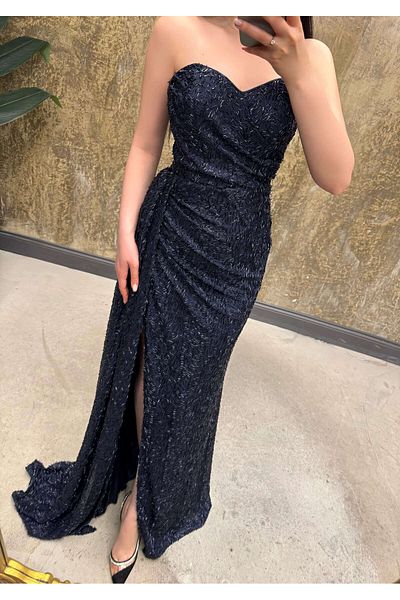 missswans Lenora Sweetheart Neckline Beaded Embroidered Side Belt Lined Long Dress Navy Blue