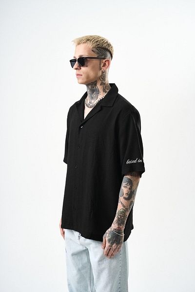 Respire Ανδρικό λινό πουκάμισο Respire Embroidered Oversize, Μαύρο