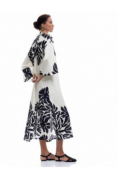 Koton Comfortable Fit Tasseled Mandarin Collar Short Sleeve Viscose Floral Tunic Dress