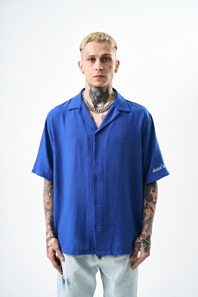 Respire Muška košulja Respire Vezena Oversize kroj Lan Kobalt plava