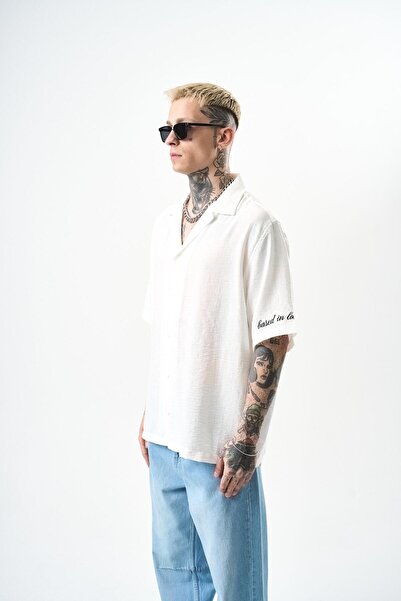 Respire Ανδρικό λινό πουκάμισο Respire Embroidered Oversize Λευκό