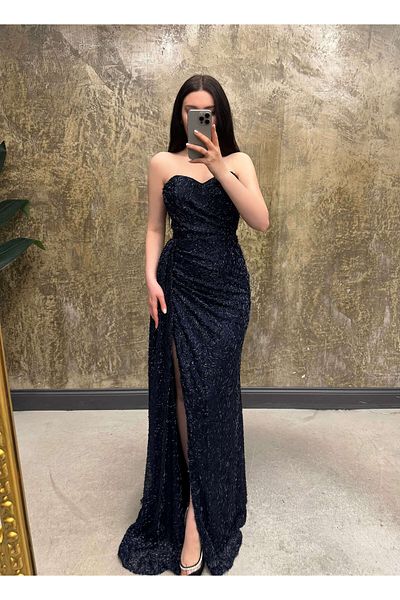 missswans Lenora Sweetheart Neckline Beaded Embroidered Side Belt Lined Long Dress Navy Blue