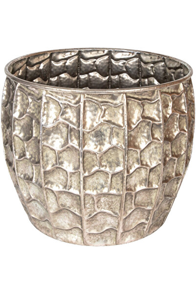 Herdekora Kabartma Desenli Metal Çiçeklik Saksı Gümüş Eskitme 37,5x32,5 Cm.