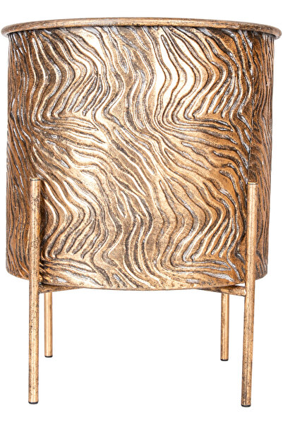 Herdekora Dalga Desenli Ayaklı Silindir Metal Çiçeklik Saksı Altın Eskitme 31x38 Cm.