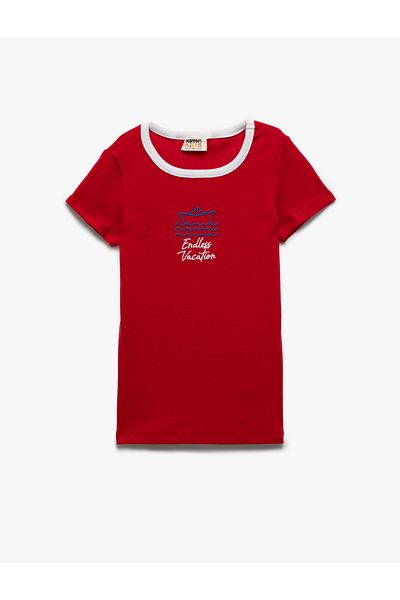 Koton Crew Neck Short Sleeve Cotton Embroidered Camisole T-Shirt