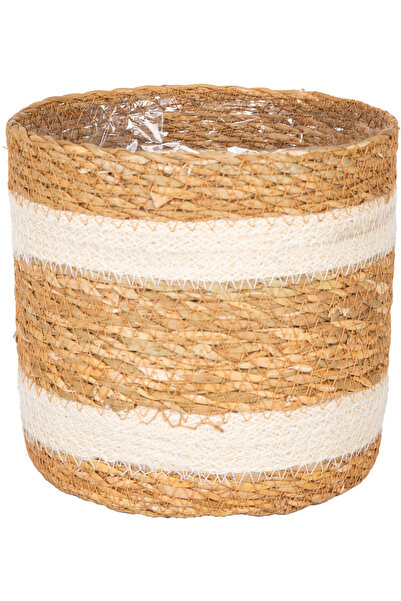 Herdekora Coș din răchită cu dungi albe și interior din nailon natural 18X18 Cm.