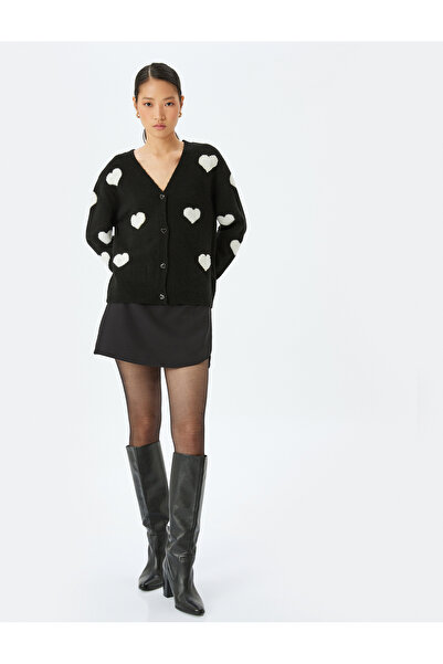 Koton Langärmliger Herz-Strick-Cardigan mit V-Ausschnitt