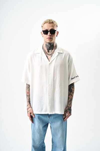 Respire Ανδρικό λινό πουκάμισο Respire Embroidered Oversize Λευκό