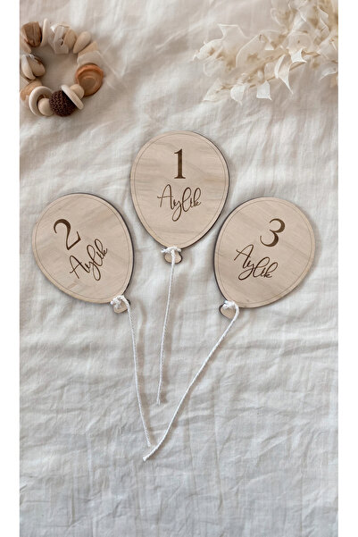 acargrafik Ahşap Balon Şekilli Aylık Bebek Fotoğraf Çekim Kartları – 1-12 Ay
