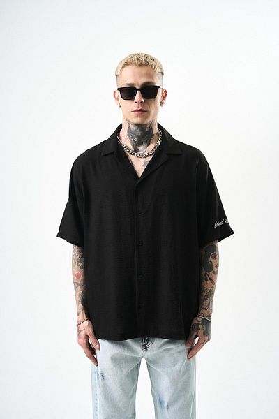 Respire Ανδρικό λινό πουκάμισο Respire Embroidered Oversize, Μαύρο