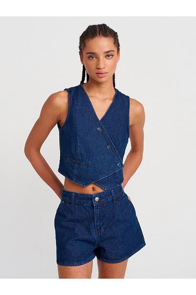 Dilvin 50750 Asymmetrical Buttoned Denim Vest-Navy Blue