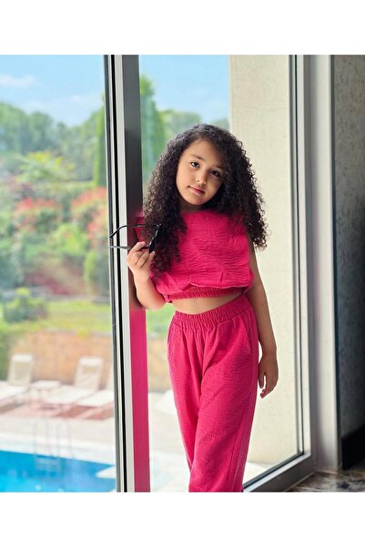 Hilal Akıncı Kids Girl's Padded Linen Blouse with Collet Detail in Legs Harem Pants Set of 2