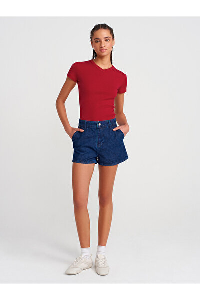 Dilvin 31673 V-Neck T-Shirt-Red