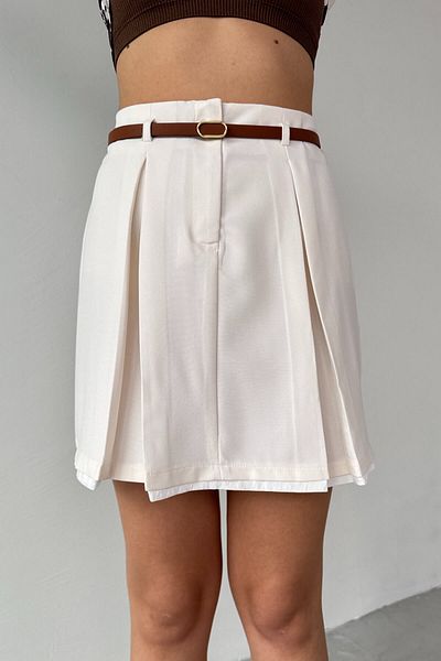 Cappmoda ETK-02333 Μίνι φούστα από εκρού διπλή πλισέ υφαντή βισκόζη