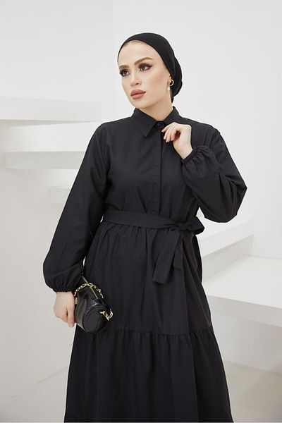 giyze Πουκάμισο γιακά με κουμπί Hijab Φόρεμα Μαύρο 427
