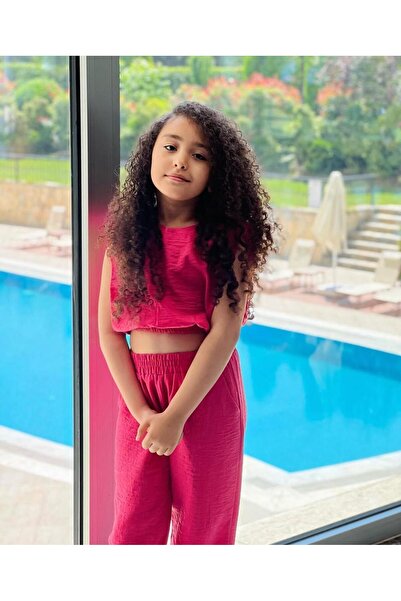 Hilal Akıncı Kids Girl's Padded Linen Blouse with Collet Detail in Legs Harem Pants Set of 2