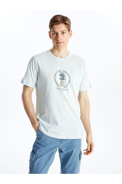 LC Waikiki Ανδρικό μπλουζάκι LCW Casual BLUE Crew με κοντό μανίκι με στάμπα από βαμβακερό χτενισμένο βαμβάκι