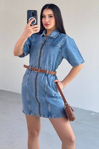 Cappmoda ELB-01755 Rochie albastră din denim echivalent cu fermoar